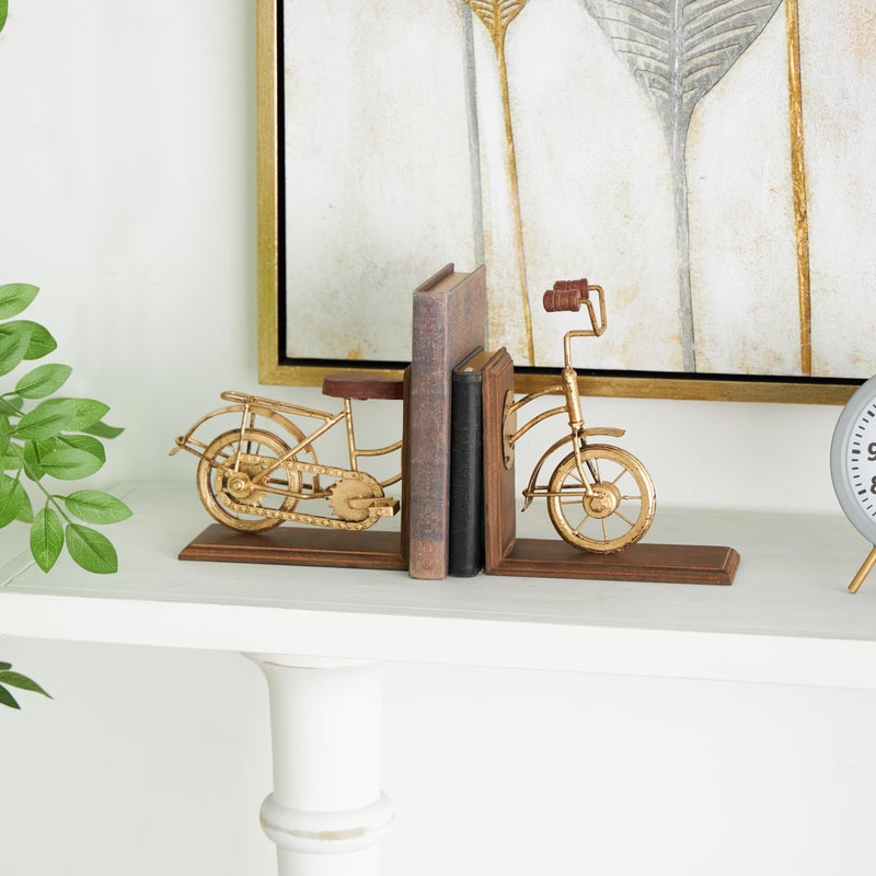 Deco 79 Wooden Bike Decorative Bookends Non Skid Bookends, Set of 2 Office Bookends7"W, 9"H, Brass - Image 3